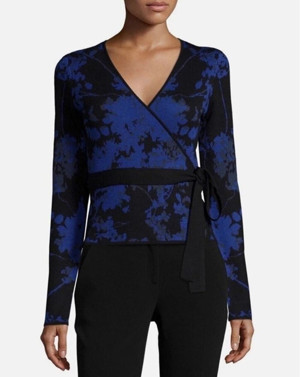 NWOT DVF Ballerina Wrap Sweater Womens Size Large Color Blue Black Retail: $298